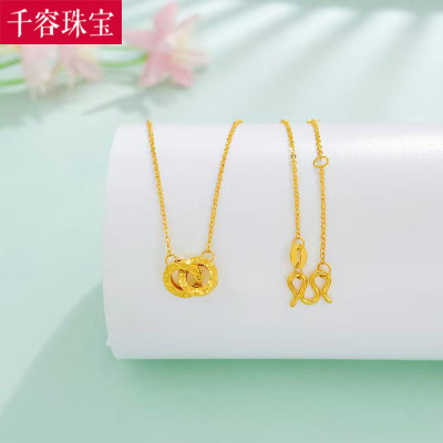 5G黄金碎碎冰双环项链女999足金新款气质环环相扣锁骨套链送女友