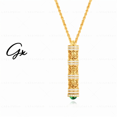 「八宝随身佛」项链镀金镂空柱形立体镶钻新中式可抽拉项链毛衣链