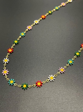 钛钢真金小清新雏菊花朵手链项链ins风撞色设计颈链新款饰品
