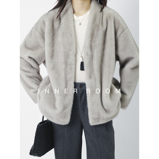 INNER ROOM天然原色气质V领皮毛一体外套女冬宽松百搭皮草外套