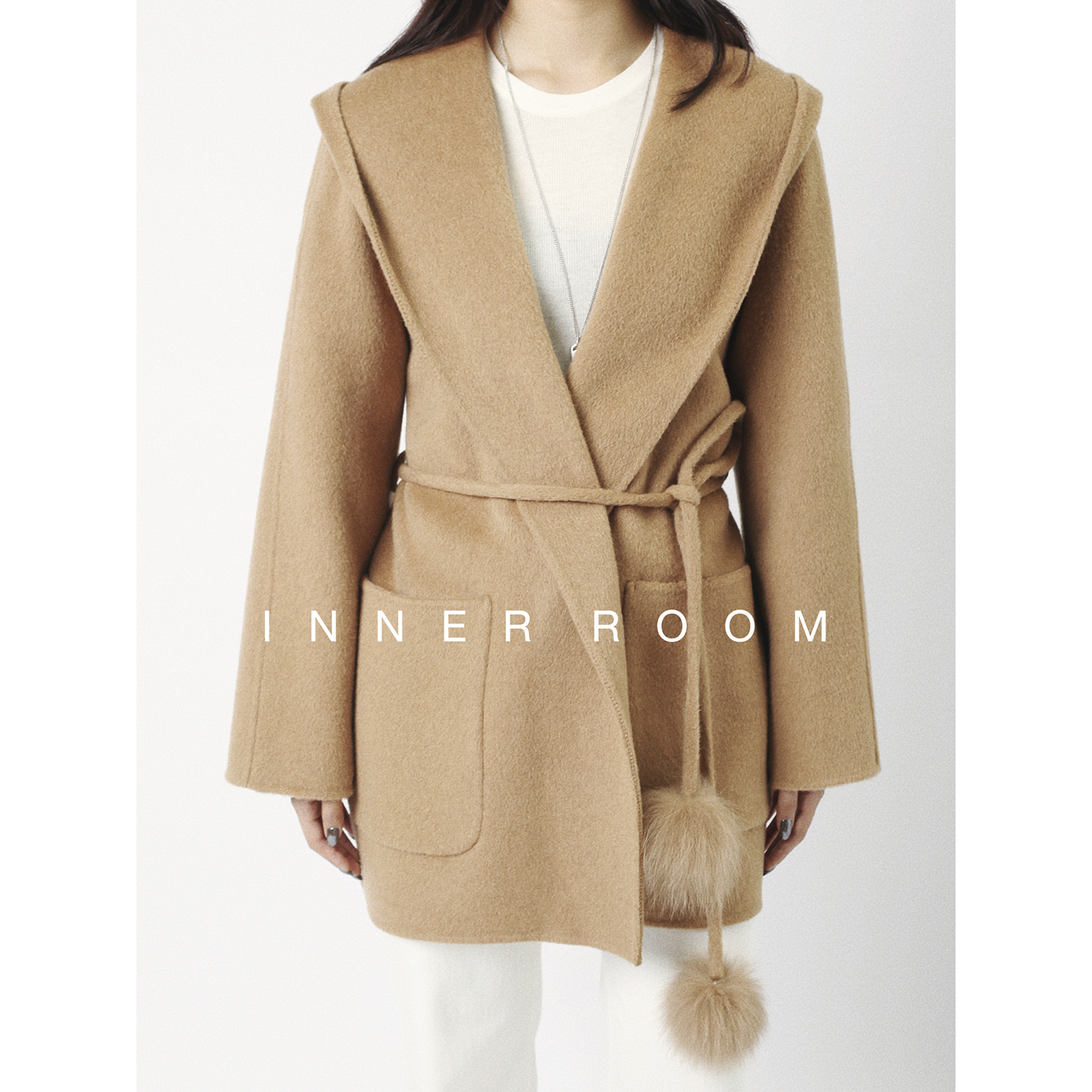 INNER ROOM羊毛双面呢大衣女冬慵懒毛球小个子宽松连帽毛呢外套