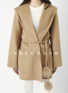 INNER ROOM羊毛双面呢大衣女冬慵懒毛球小个子宽松连帽毛呢外套