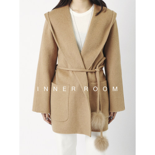 INNER ROOM羊毛双面呢大衣女冬慵懒毛球小个子宽松连帽毛呢外套