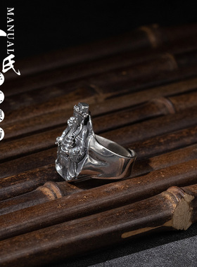 云南大理手工雕刻足银原创设计复古立体站立版财神戒指