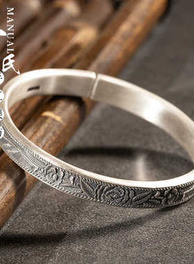 手工原创银饰复古做旧錾刻宽面小四季花手镯