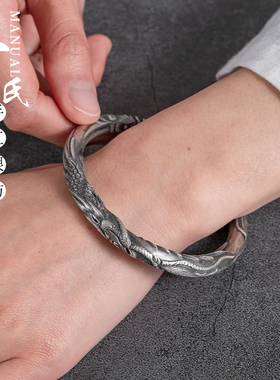 原创男士个性实心复古藏风银手镯