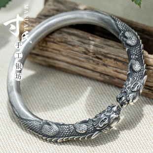 寸银坊云南足银手工制作立体复古做旧哑光双头貔貅手镯.传承