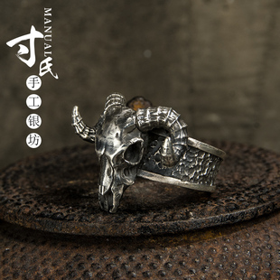 寸氏999足银羊头戒指男 个性指环复古欧美纯银个性原创银饰