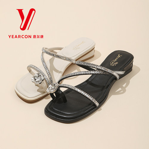 意尔康女鞋2026夏季新款露趾凉鞋女平底百搭法式休闲时装凉拖鞋