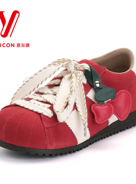 意尔康女鞋2026春秋新款红色拼色德训鞋丑萌大头休闲鞋复古阿甘鞋