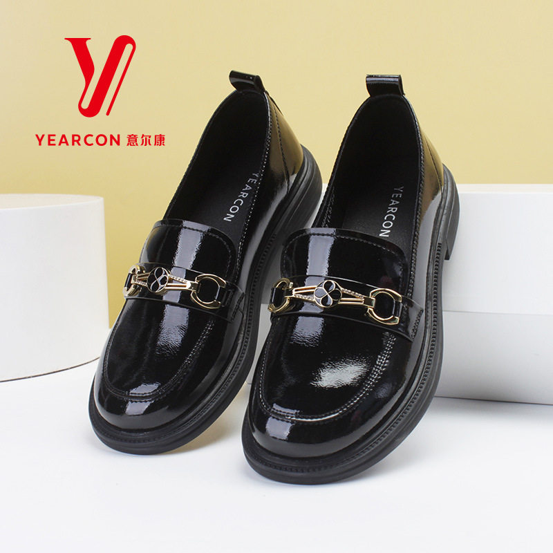 意尔康乐福鞋女春款2026年新款平底单鞋英伦风一脚蹬小皮鞋女鞋子