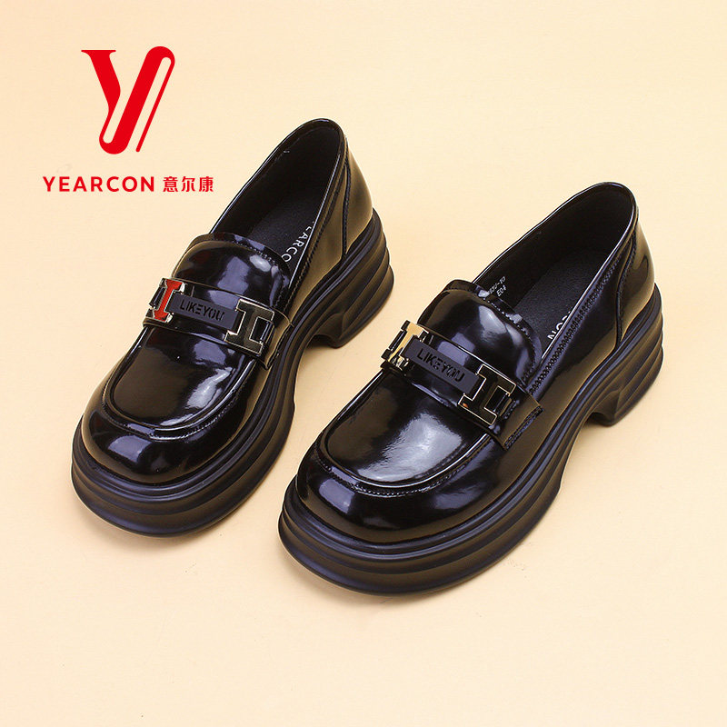 意尔康厚底乐福鞋女款早春休闲单鞋粗跟英伦配裙子小皮鞋女鞋