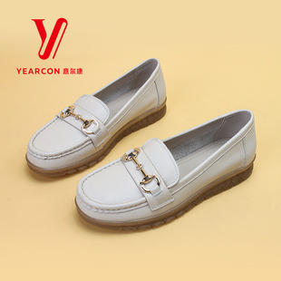 意尔康真皮软底妈妈单鞋乐福鞋春秋女款豆豆鞋牛皮平底护士鞋皮鞋