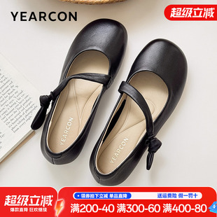 2025新款 真皮法式 意尔康玛丽珍女鞋 秋季 黑色小皮鞋 一字带浅口单鞋