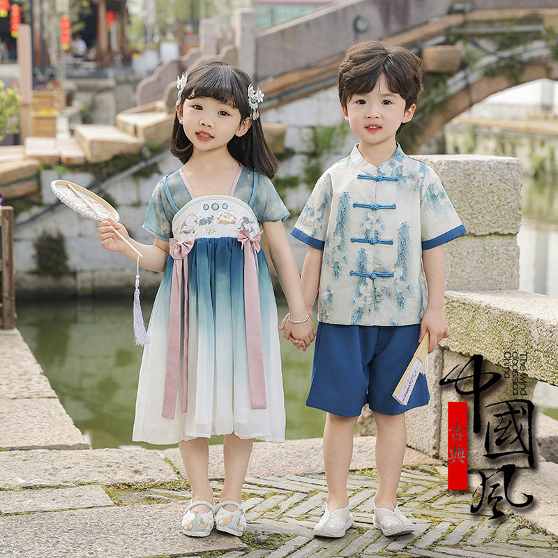 女童汉服夏装儿童古筝舞蹈古装唐装超仙水墨中国风男童民族演出服