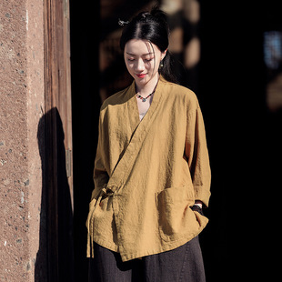 26棉麻女装新款复古禅意斜襟宽松亚麻系带汉服上衣外套女式禅茶服