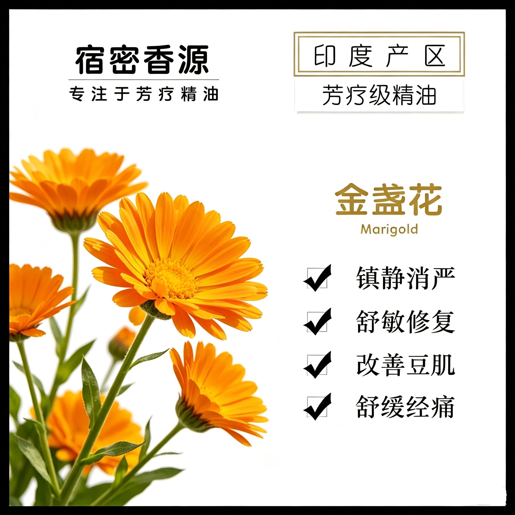 印度产区 金盏花单方纯精油 敏肌修复红肿 控油改善痘肌 香薰精油