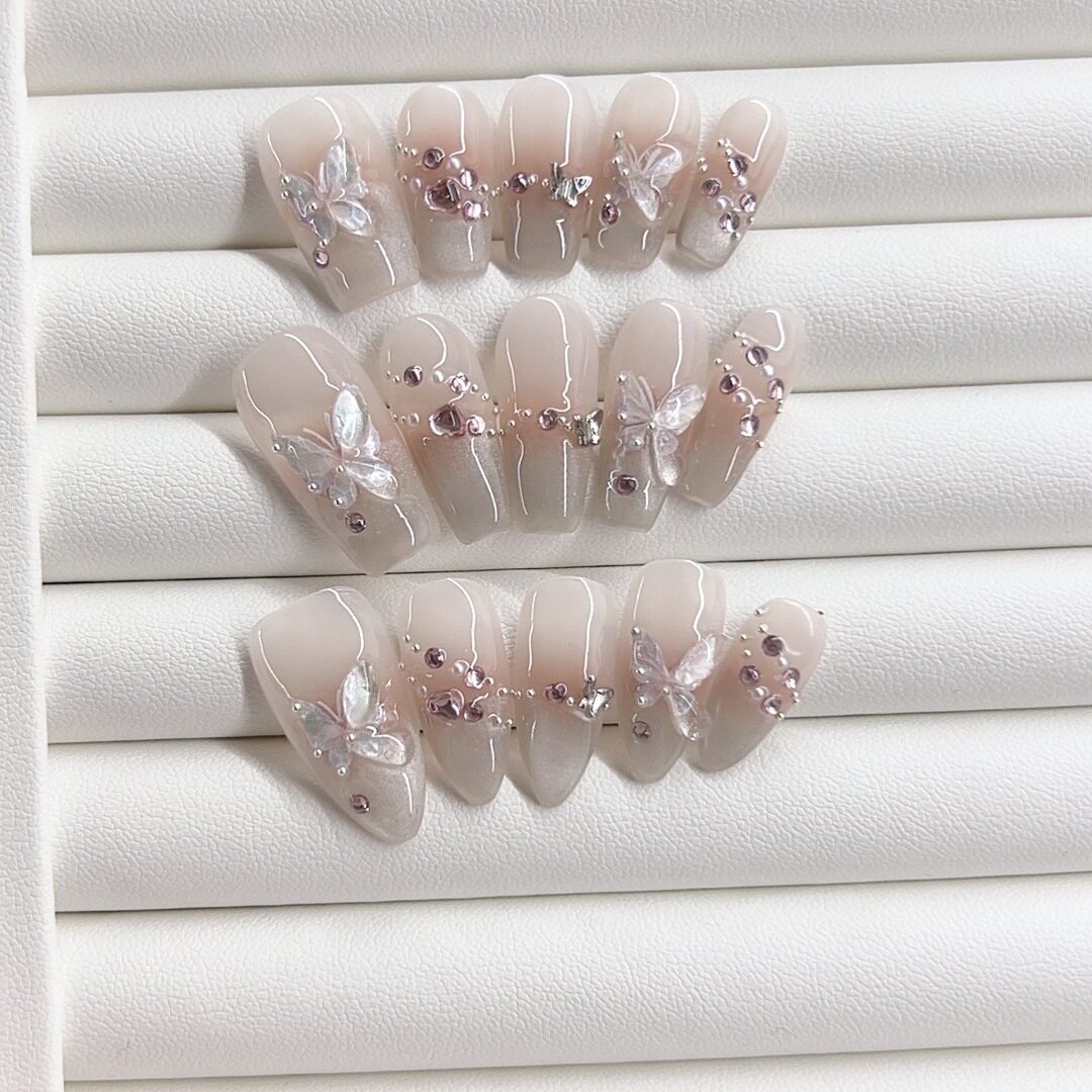纯手工光疗穿戴甲镜月蝶原成品重复使用美甲贴片可拆卸猫