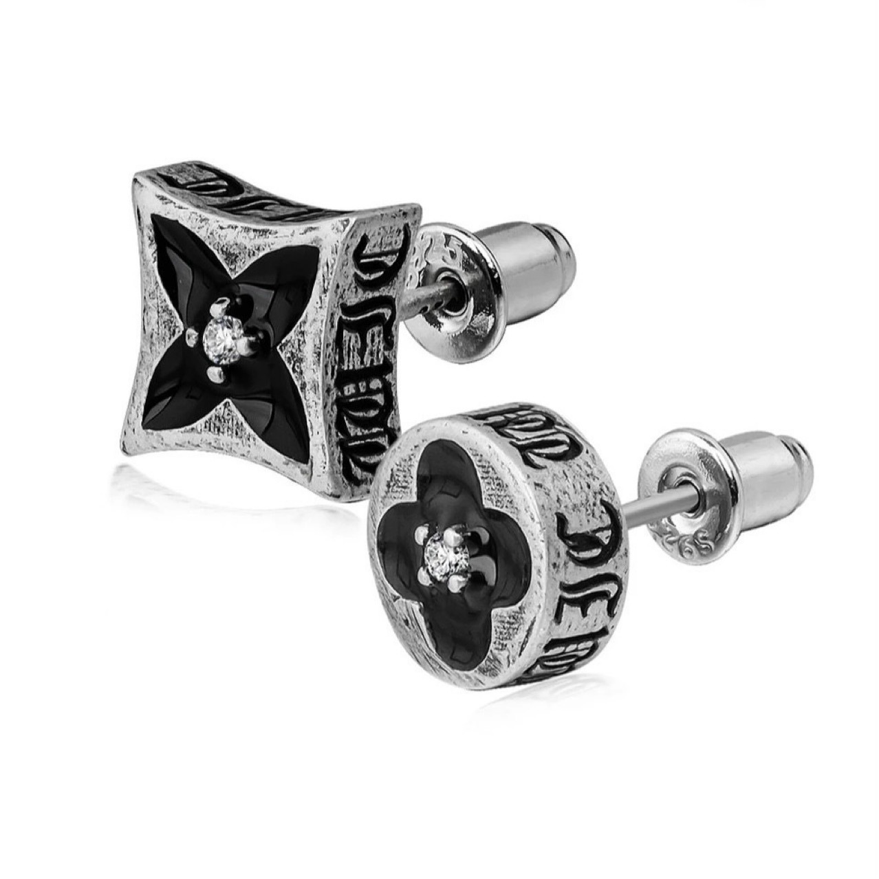 wlc 复古做旧针珐琅刻雕四叶花耳钉男女款潮流欧美风耳饰