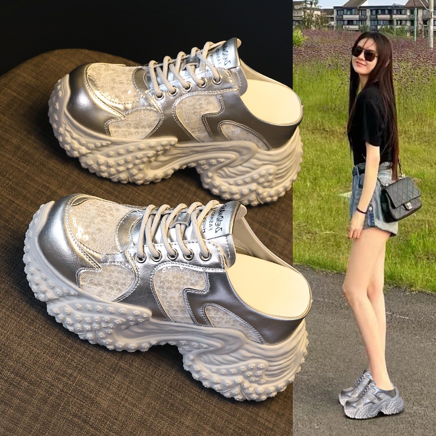 内增高外穿包头半拖鞋女2026夏季新款网面镂空透气亮片一脚蹬懒人