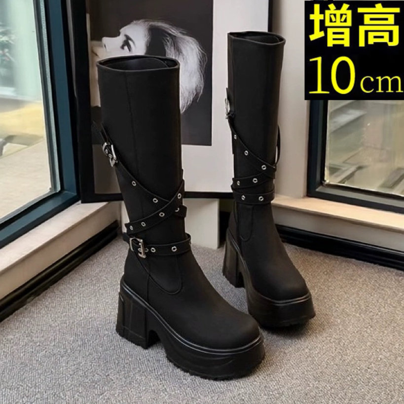 2025秋冬新款粗跟骑士靴女厚底内增高10CM小个子时尚百搭长筒靴子