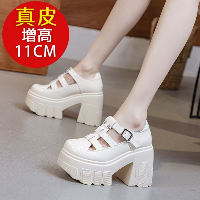 11cm小个子内增高罗马凉鞋女2025夏季真皮包头粗跟厚底镂空猪笼鞋