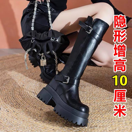 10cm粗跟厚底高筒骑士靴皮带扣长靴女增高复古瘦瘦靴不过膝西部靴