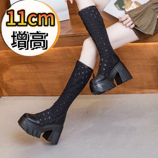 夏季 牛仔帆布网纱镂空厚底内增高11cm小个子高筒靴 靴子长靴女薄款