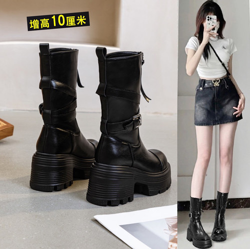 10cm小个子厚底中筒马丁靴女2025新款显瘦前拉链高跟英伦风机车靴