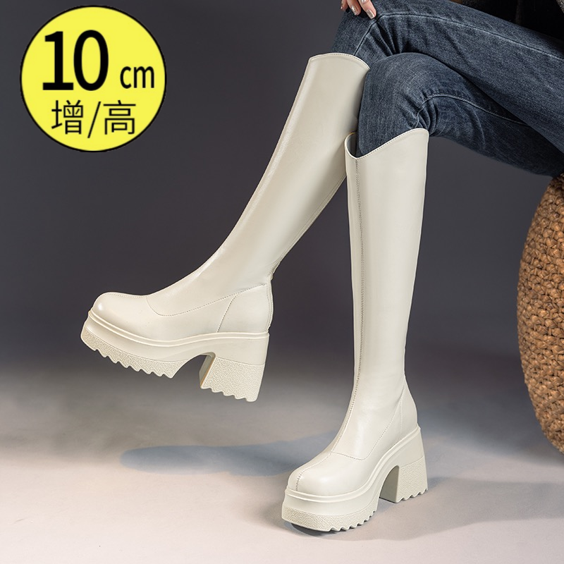 10cm白色长筒靴女2025冬加绒厚底内增高不过膝长靴高跟马丁骑士靴