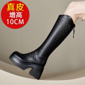 镂空凉靴女2025夏季 10CM小个子网红高跟真皮增高显瘦高筒网靴长靴