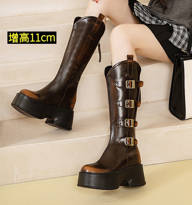 11厘米内增高靴子女厚底高筒靴2024新款秋冬季加绒高跟长筒骑士靴