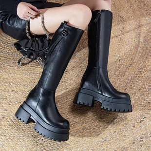 10cm马丁靴走秀款 大头机车靴不过膝靴长筒靴厚底松糕小个子骑士靴