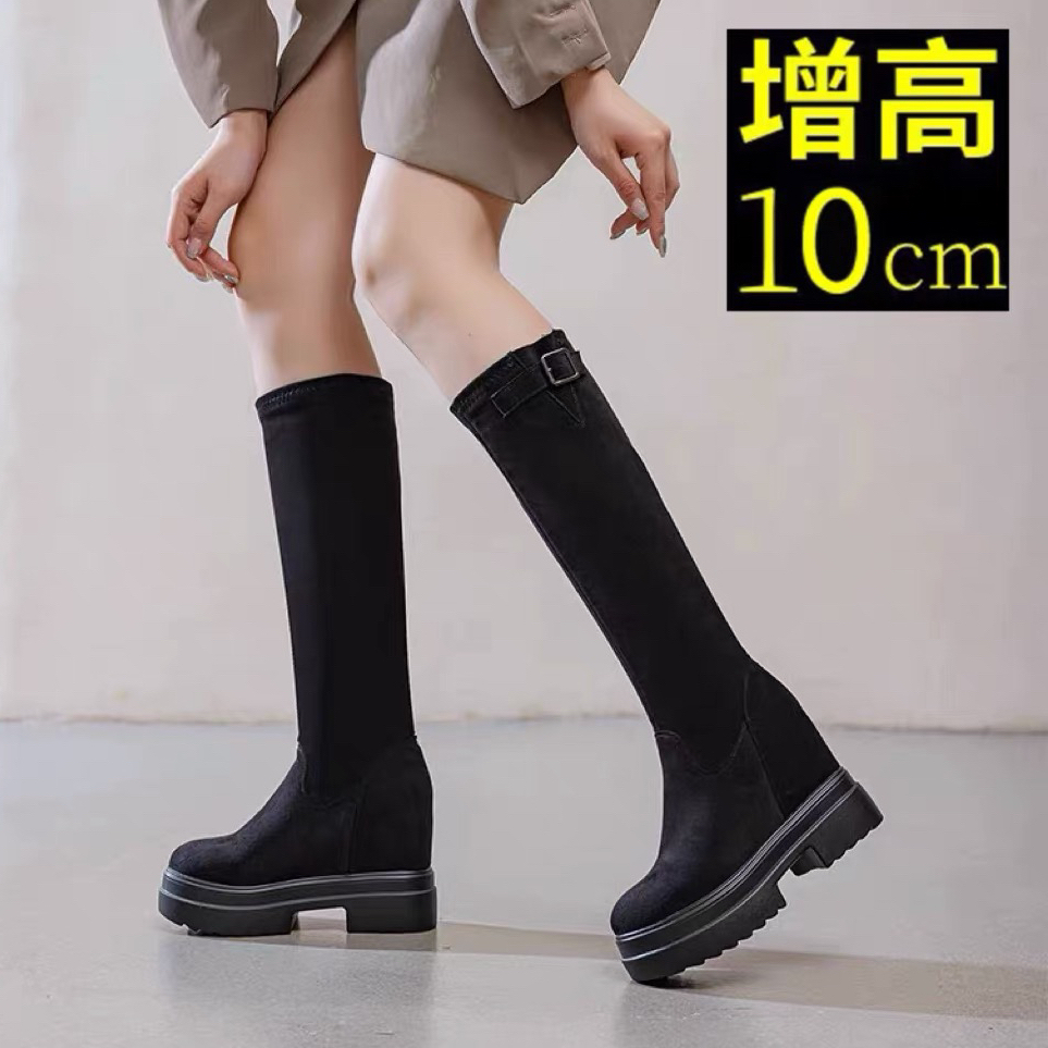 不过膝长筒靴女2025秋冬坡跟厚底马靴内增高10cm高跟小个子高筒靴
