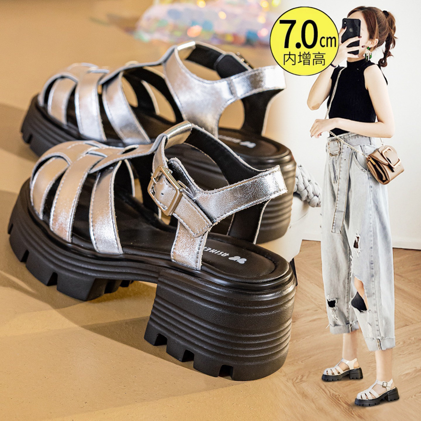包头凉鞋女夏外穿2026新款巨好看不累脚厚底高跟猪笼罗马粗跟凉鞋