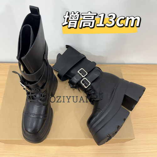 内增高13厘米不过膝机车靴女美式辣妹皮带扣绑带真皮中筒马丁靴子