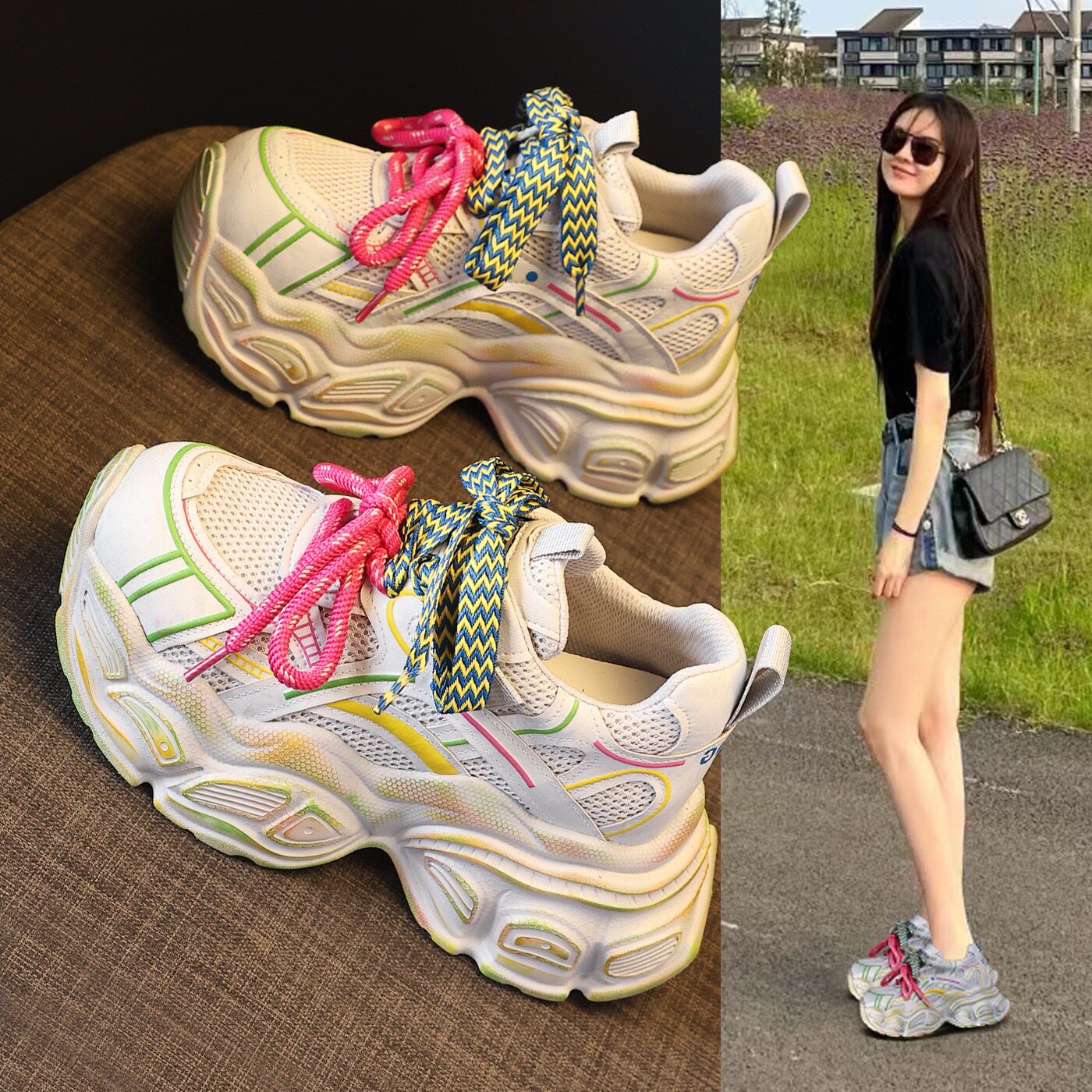 内增高老爹鞋女2026春季新款爆款网面真皮百搭松糕厚底休闲运动鞋