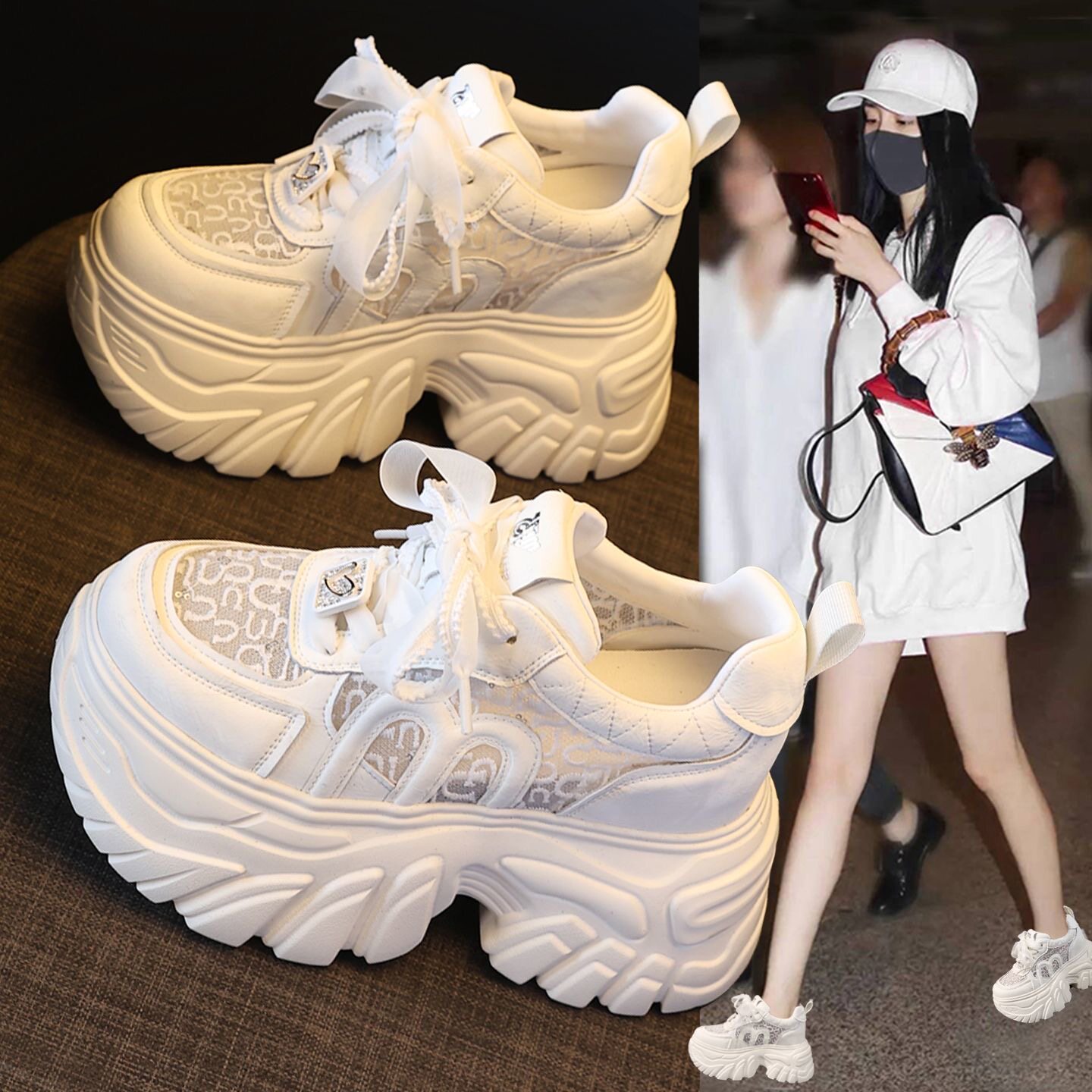 夏季网面透气老爹鞋女鞋2026新款爆款巨好看厚底内增高休闲小白鞋