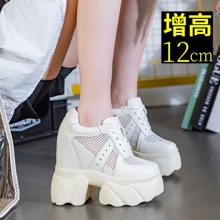 2025夏镂空透气厚底松糕小白鞋超高跟内增高12CM小个子休闲运动鞋