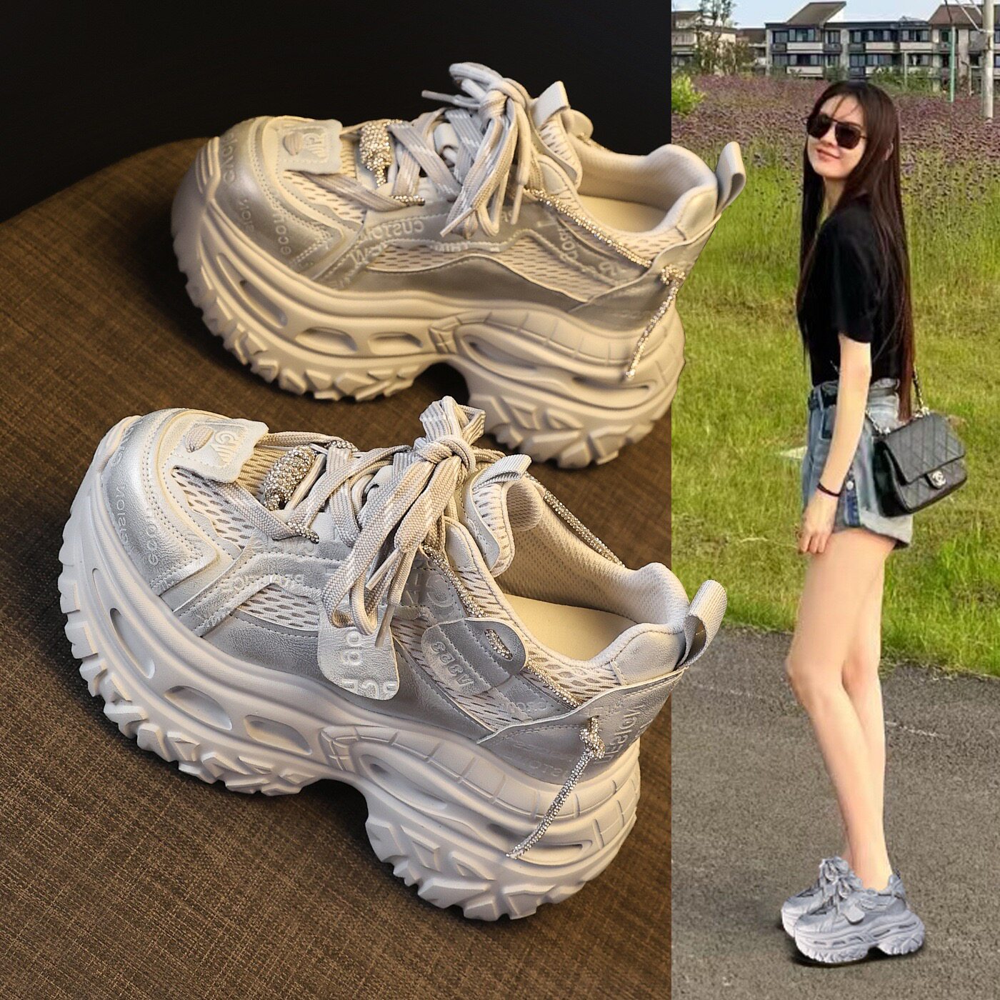 内增高老爹鞋女2026夏新款薄款真皮网面透气松糕厚底休闲运动女鞋