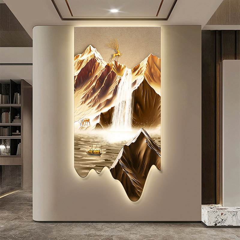 轻奢金山玄关装饰画led发光氛围灯画新中式山水画走廊过道墙壁画