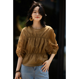 松弛感休闲上衣 焦糖暖棕设计感缩皱蝙蝠袖 2025年夏季 新品