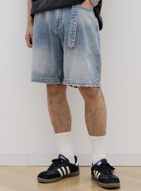 何青菜 夏季宽松美式牛仔 复古水洗做旧五分中裤男士直筒短裤