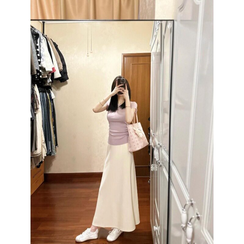 大码胖mm200斤轻熟风法式时尚洋气夏天穿搭缎面半身裙女胖妹妹
