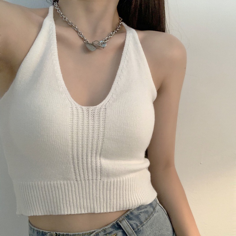 大码女装设计感美背挂脖针织小背心夏日显白小吊带胖mm显瘦遮肉显