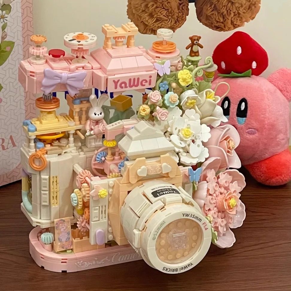 积木花朵拼装玩具相机模型创意立体拼图摆件手工diy生日礼物女生
