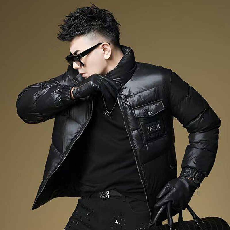 欧洲站男士潮牌多口袋保暖羽绒服外套冬季新款潮牌纯色立领面包服