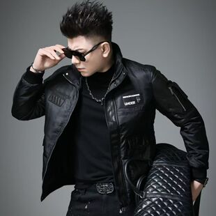 欧洲站2025新款冬季立领潮牌刺绣羽绒服男工装真皮高端防寒服外套