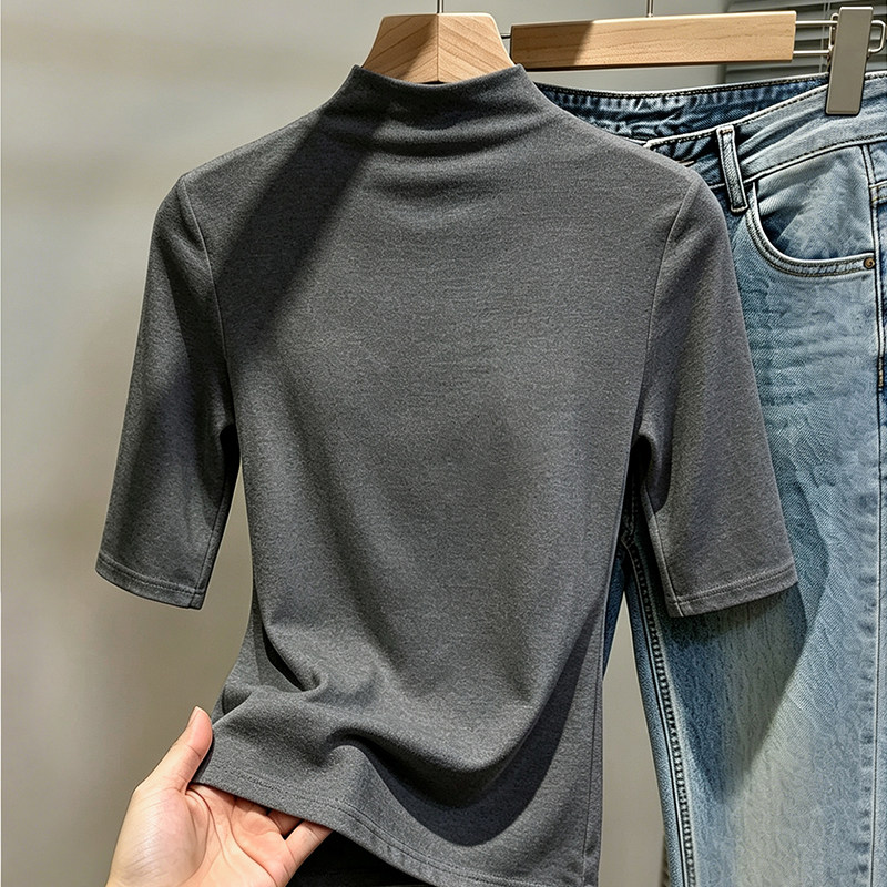 灰色半高领中袖T恤女春秋季内搭