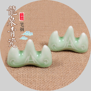 龙泉清青瓷笔搁陶影笔架山河豚铸铁镇尺文房装 饰摆件雅玩书法压纸